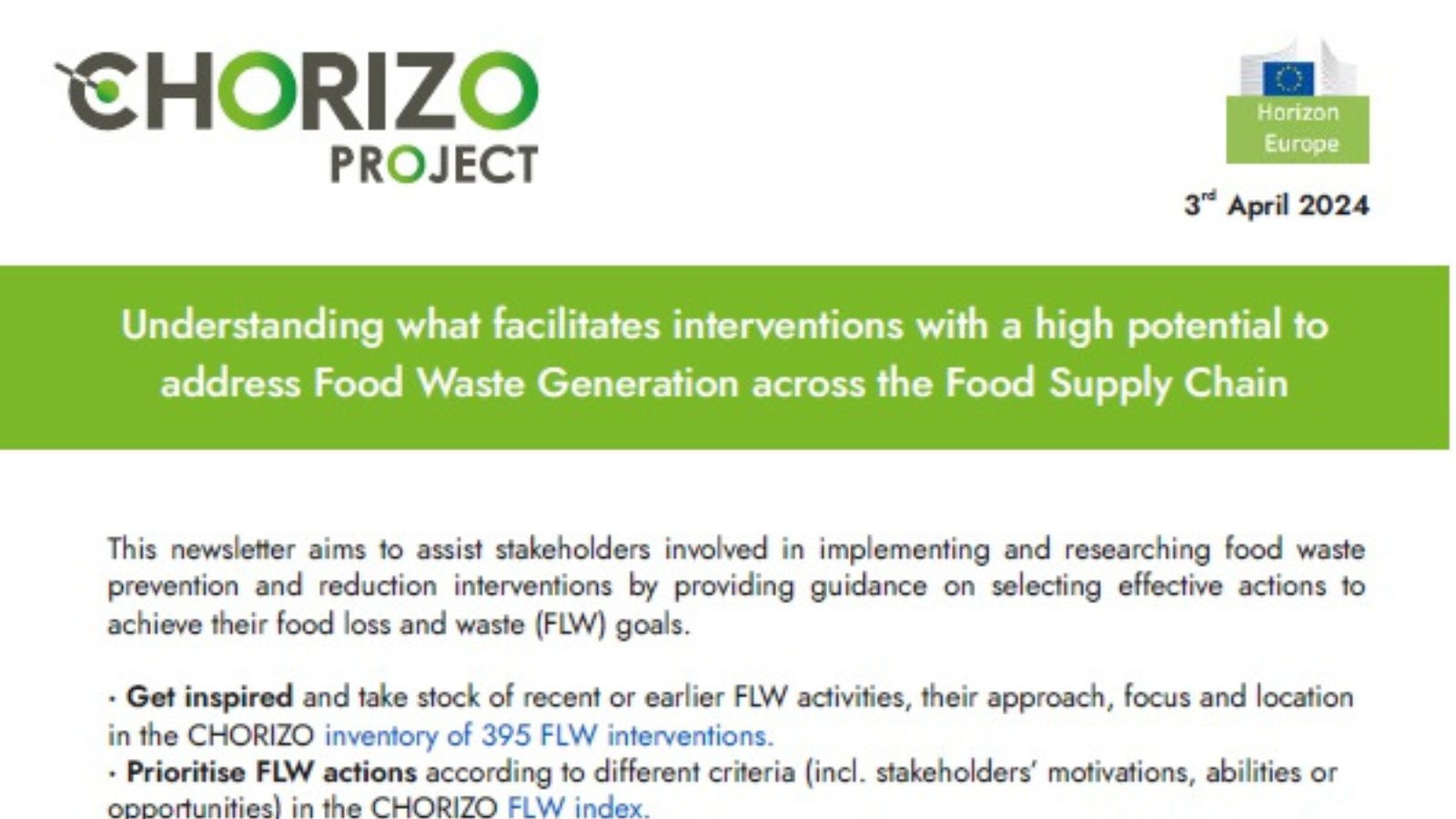 CHORIZO #5 Newsletter is out! Understanding what facilitates interventions with a high potential to address Food Waste Generation across the Food Supply Chain
